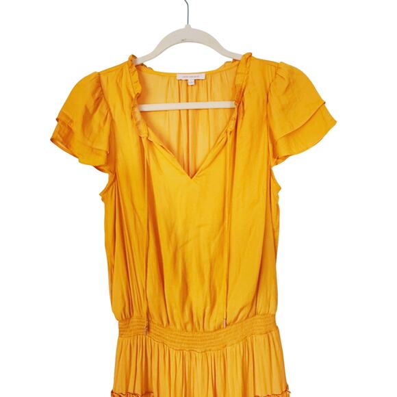 Skies Are Blue Satin Smocked Waist Ruffle Mini Dress Small Gold Cocktail Event - Picture 5 of 8